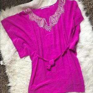 Cynthia Vincent Hot Pink Embroidered Neck Kaftan Dress